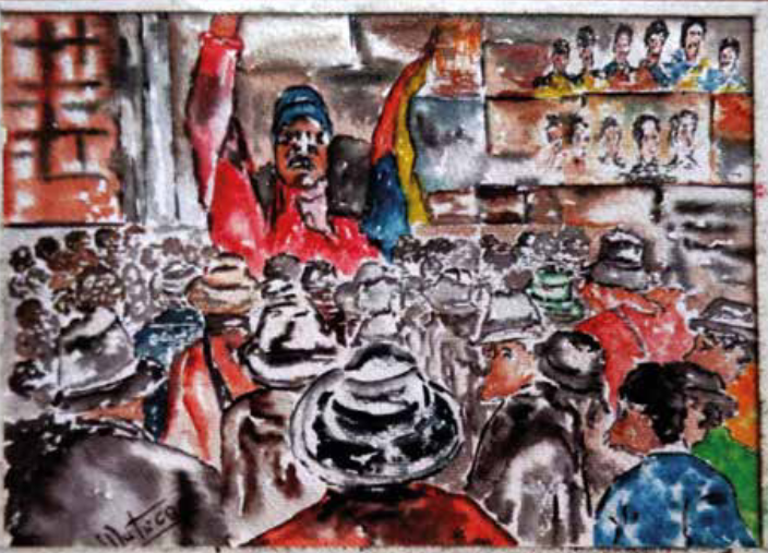 ‘Gaitán y el pueblo’. Acuarela. Tamaño original: 46 x 36. Humberto Castaño Brand, 1988. Incluida en el folleto de la exposición ‘Mataco sin dueño’, de la Galería Bar Rojas, 2019.